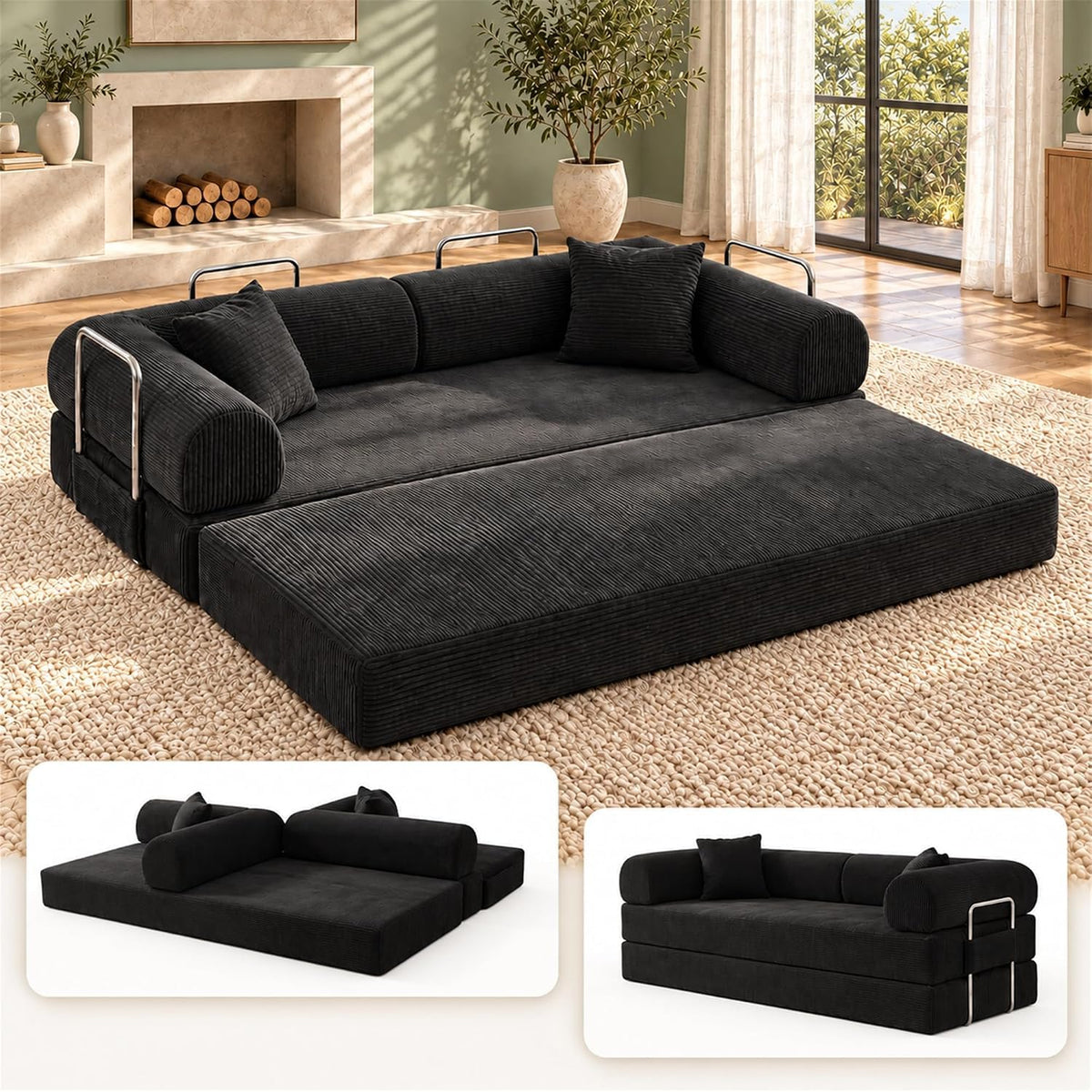 79" Sofa Bed, Boneless Corduroy Convertible Sofa, Black