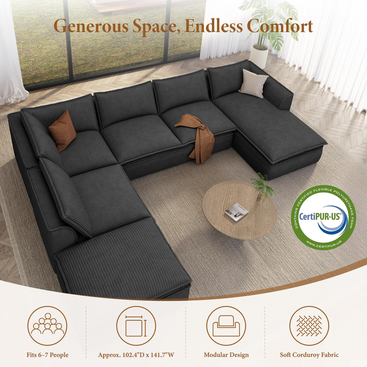 Vesgantti Oversized U Shaped 7 Seater Boneless Couch with Chaise, Black