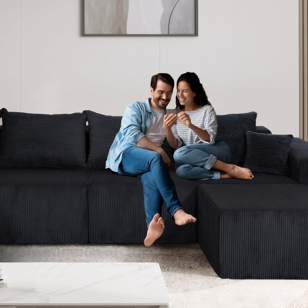 128" Premium Corduroy Deep Seat Chaise Lounge Indoor, Modern Boneless Compressed Floor Sectional Sofa with No Assembly, Free Combination Modular Cloud Sectional Sofa for Living Room, Black