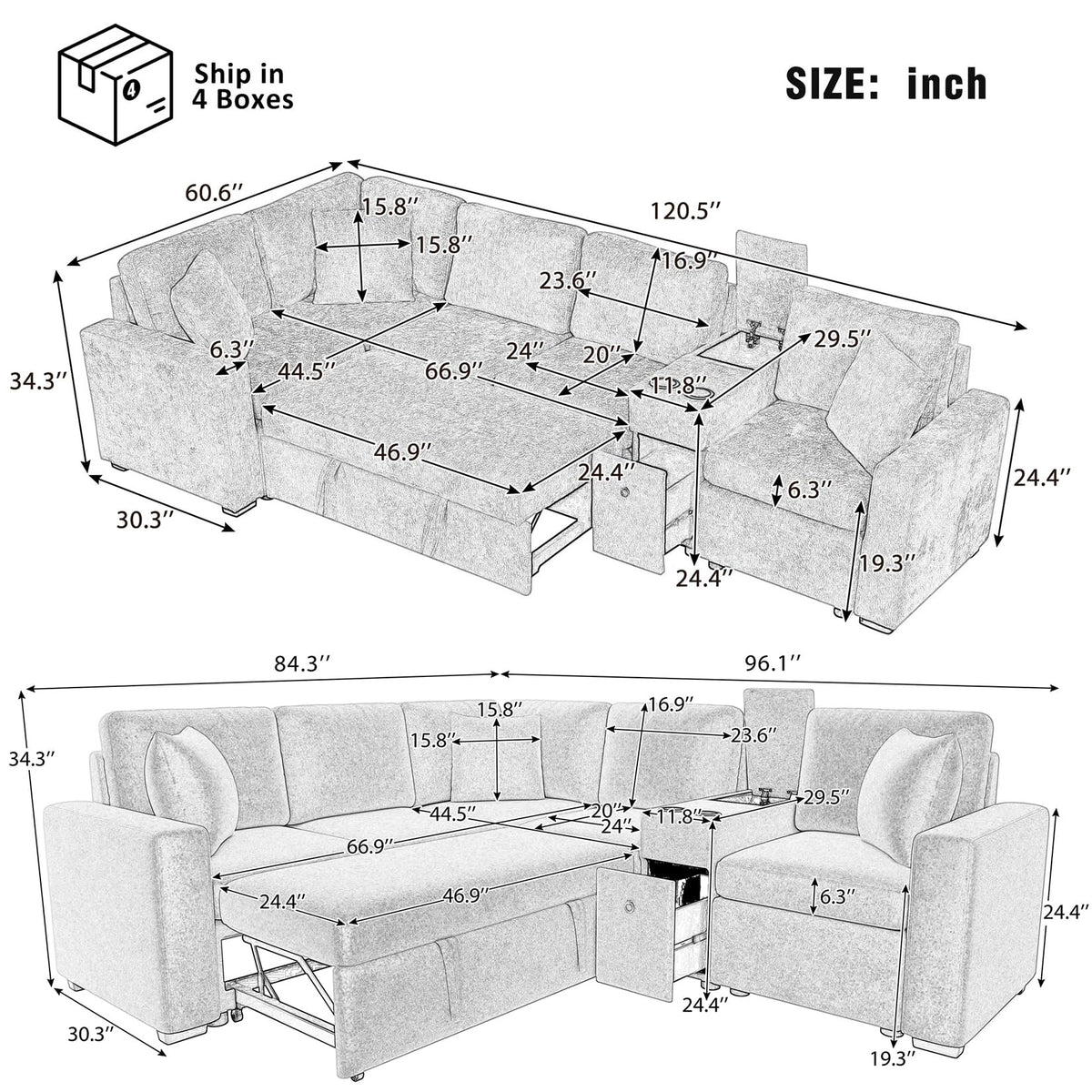 120.5" L-Shaped Modular Sectional Sofa with Convertible Sofa Bed, Reversible Sleeper with Pull-Out Bed, Cup Holders and Ample Storage Space for Living Room