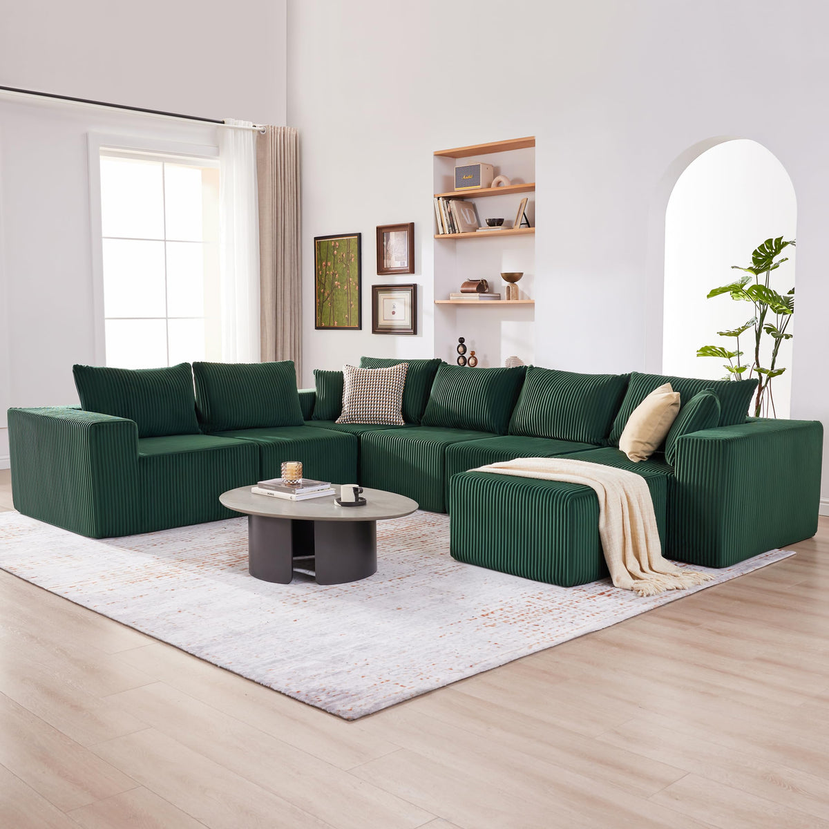 U-Shaped Boneless Couch, Cloud Couch Sectional, Modular Sofa with Deep Seat, Convertible Sectional Couches for Living Room, Plush Corduroy U Shaped Boneless Couch (Green, 6 Seater & 1 Ottoman)