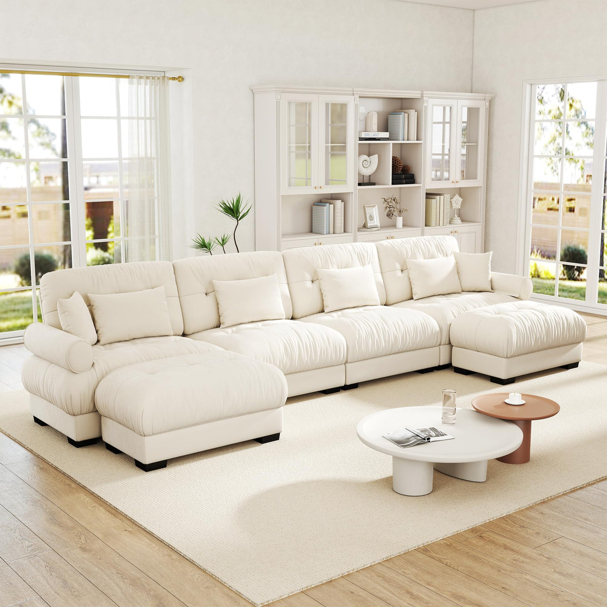 Velvet Modular Sectional Sofa,130" W Oversized U Shape Cloud Couch with 2 Ottomans,Free Combined 3 Seater Comfy Sofa with Bolster Armrest Pillows,Green for Living Room
