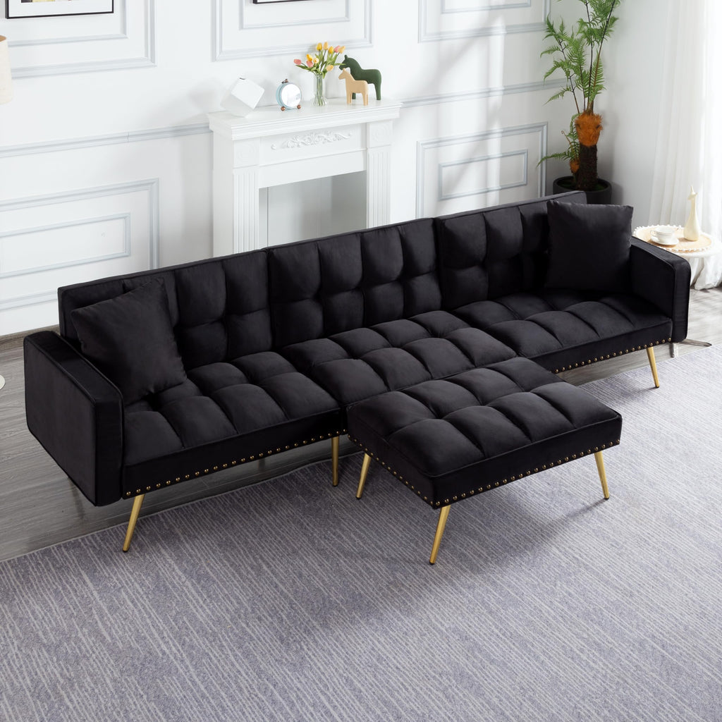 107in Sectional Sleeper Sofa with Split Back, Velvet, Golden Metal Legs, 5 Adjustable Positions, 2 Toss Pillows