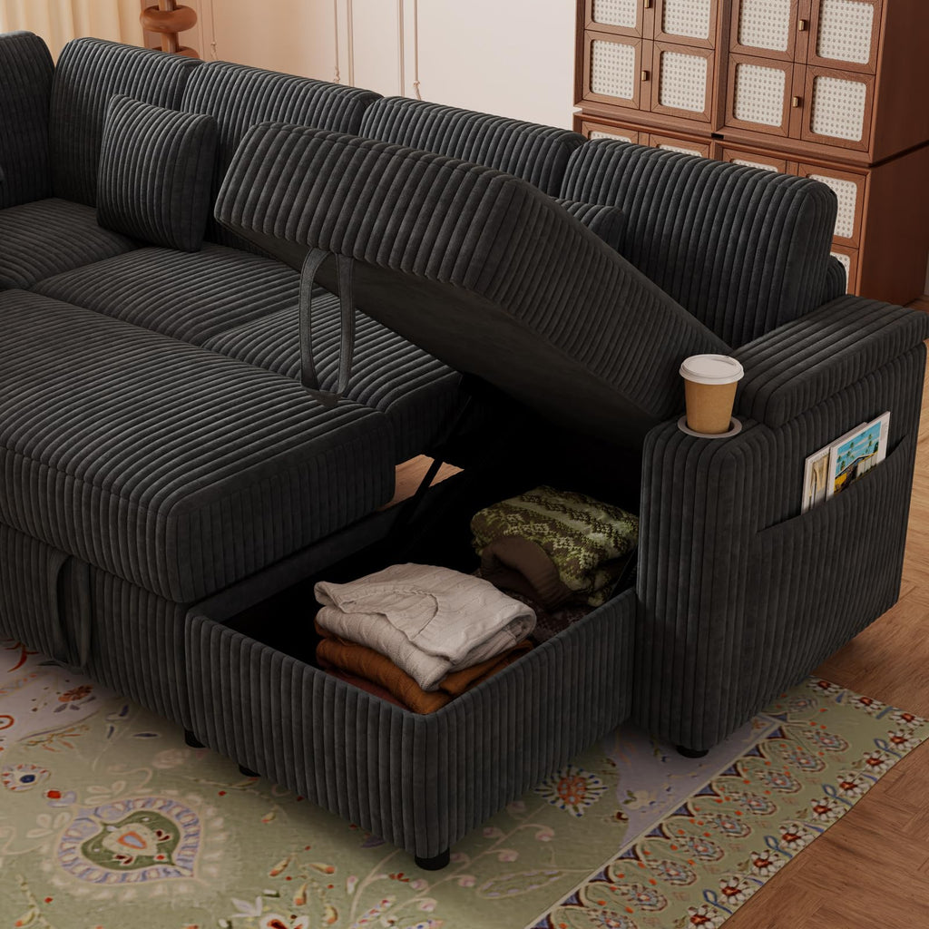 100" Gray Modular Sectional Sleeper Sofa with Pull Out Bed