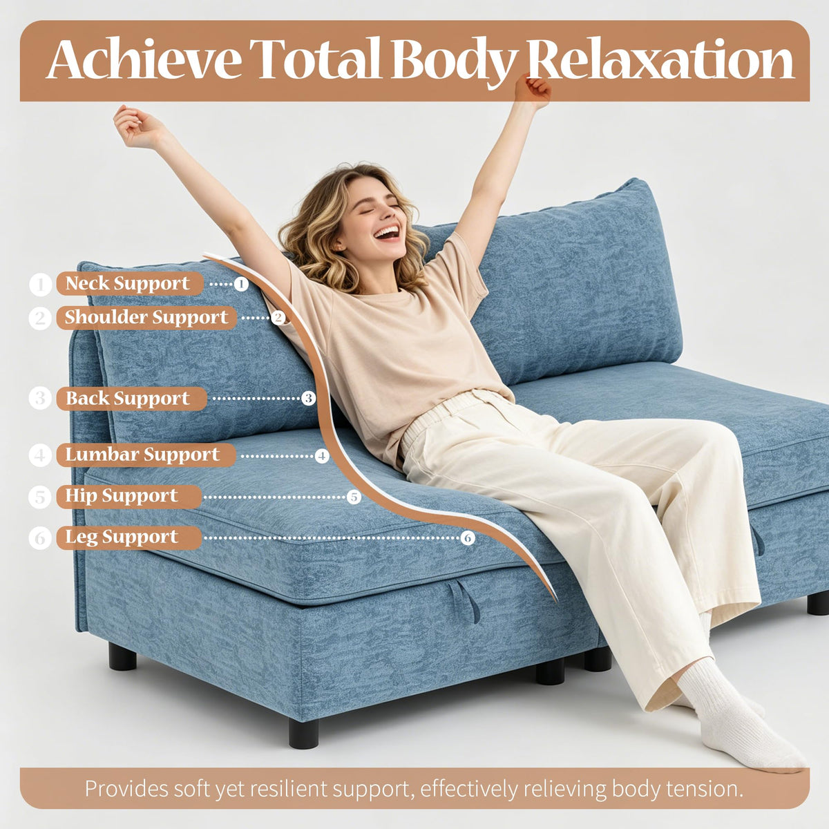 129” Modular Sectional Sofa, Convertible 6 Person U Shaped Couch with Storage, 2 Removable Ottomans & Deep Seats, Memory Foam, Comfy Modular Couch for Living Room (Antique Blue, 6 Seat)