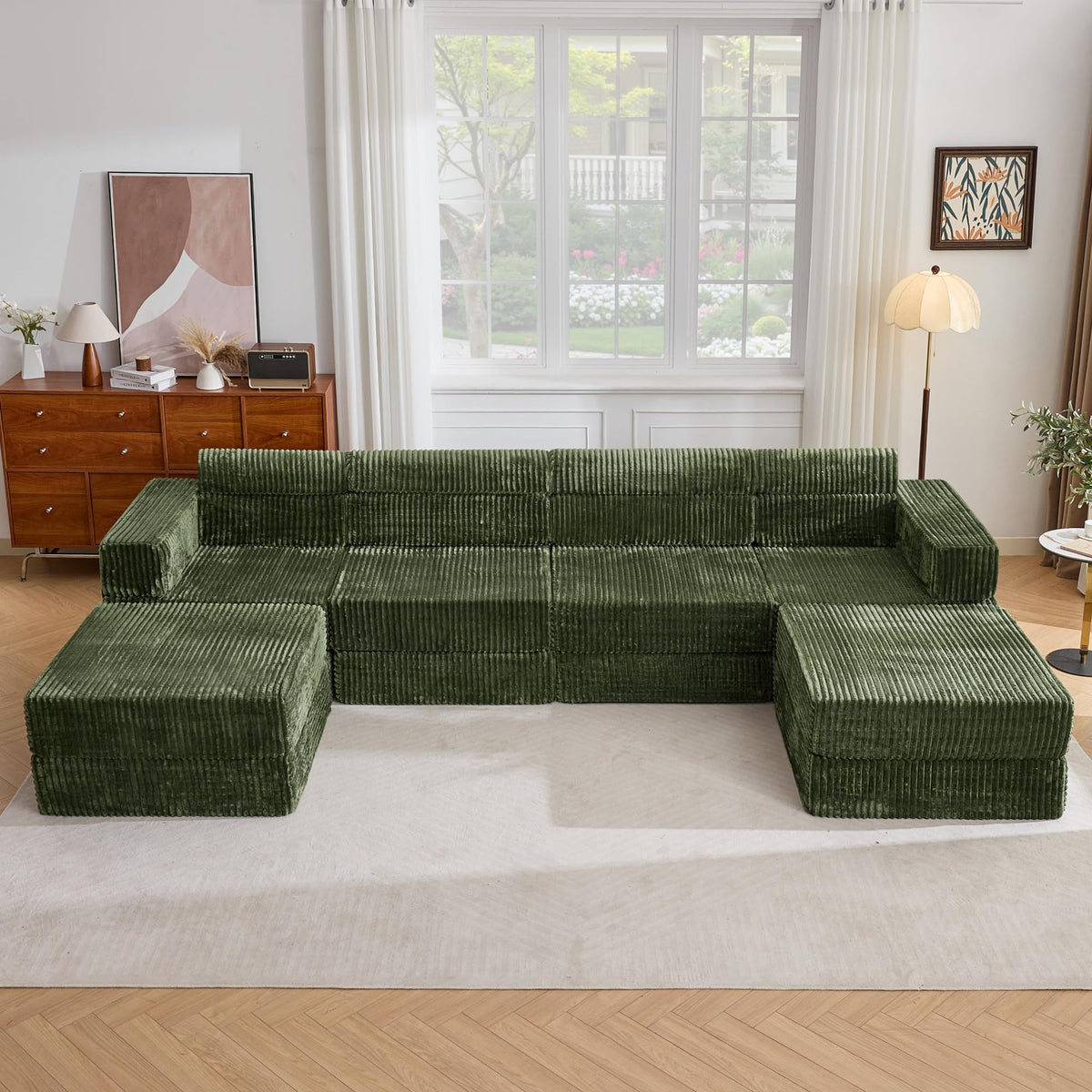 Tbfit 142” Modular L Shaped Sectional Boneless Couch, Convertible Futon Sofa Bed, Corduroy Cloud Mattress Sleeper Sofa, Comfy Folding Upholstered Floor Couches for Living Room, Bedroom, Beige