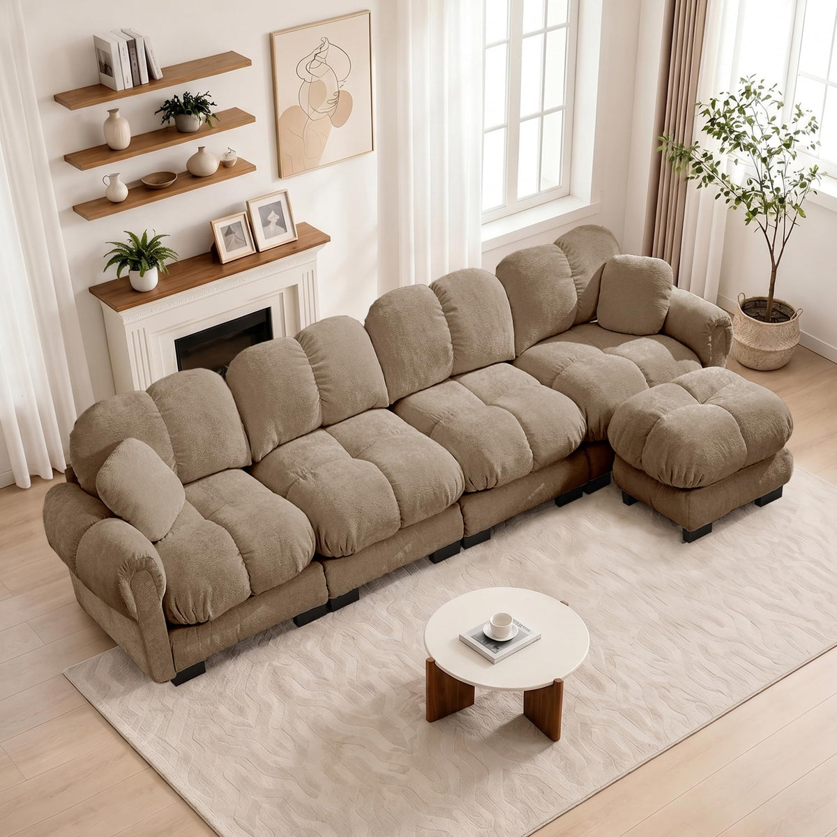 103.9" Modular Cloud Couch, Oversize U-Shaped Sectional Sofa with Ottoman, Deep Seat Chenille Couch, Anti-Slip Design, Modern 3-Seater Sofa for Living Room/Apartment/Bedroom, Brown