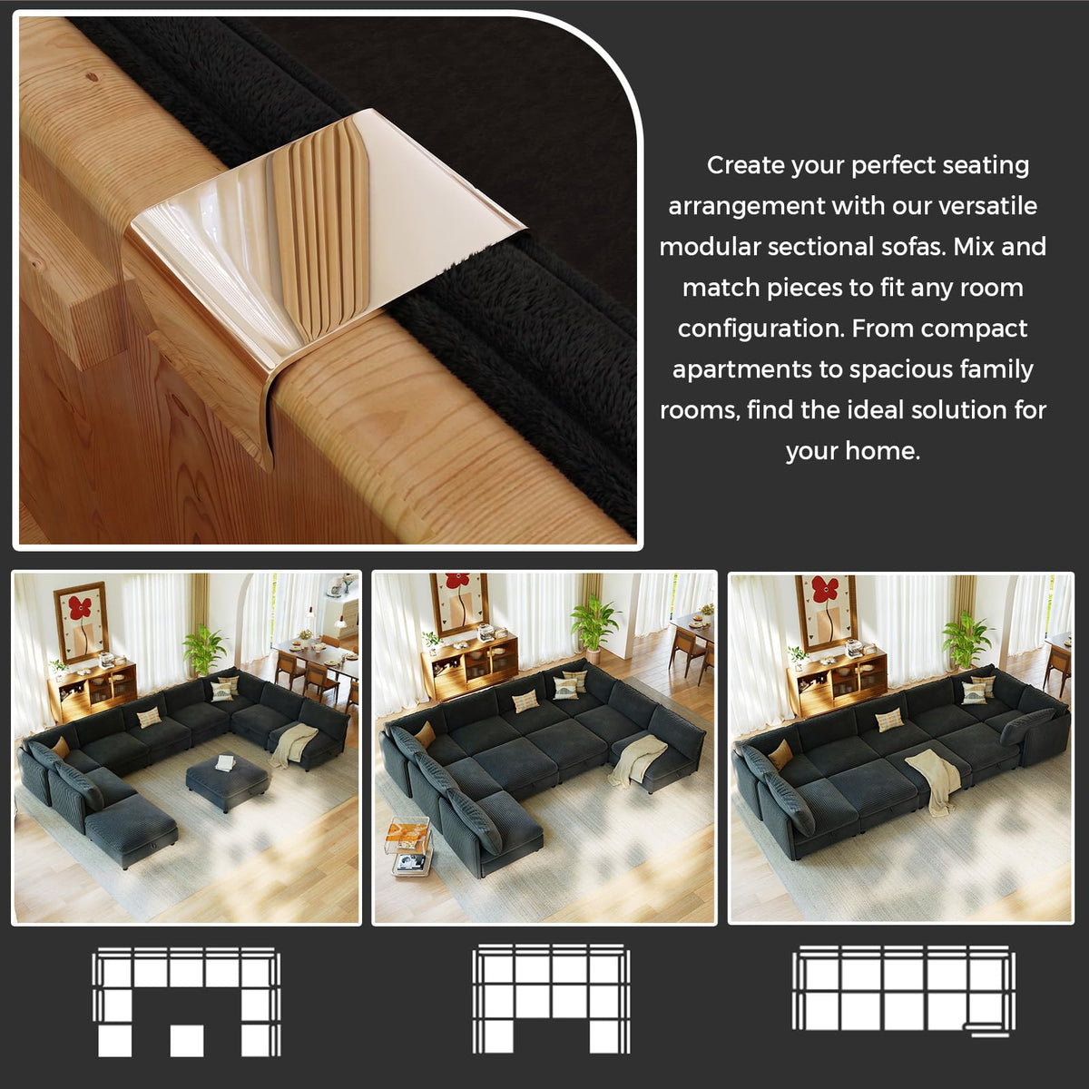 10 Seat U Shaped Modular Corduroy Sofa Bed Couch with Hidden Storage and Movable Ottomans Deep Seat Convertible Sectional for Sectional Couches for Living Room Bedroom, Black