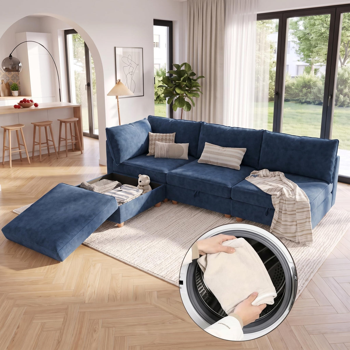 128'' Modular Sectional Sofa with Storage & Washable Covers, Convertible U/L Shaped Couch with Ottoman, 8-Seat Chenille Sectional Sleeper Sofa, Modular Sectional Sofas for Living Room,Orange
