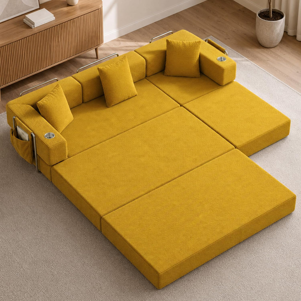 108" Modular Sectional Sofa Bed, L-Shaped Boneless Couch, Yellow