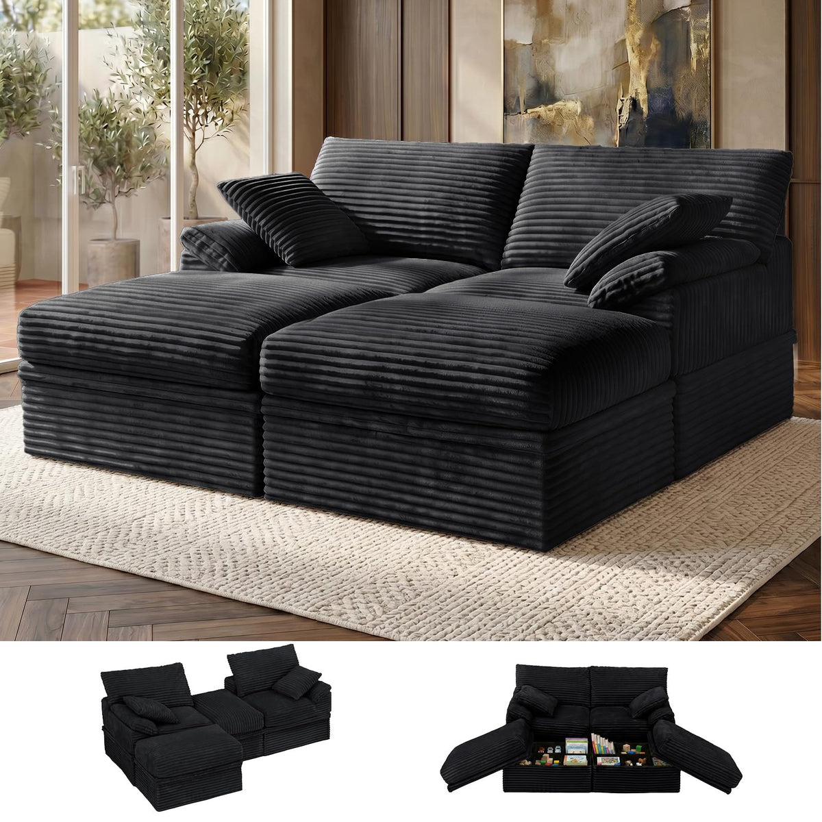 107'' Modular Sectional Sofa with Storage, L-Shaped Boneless Couch