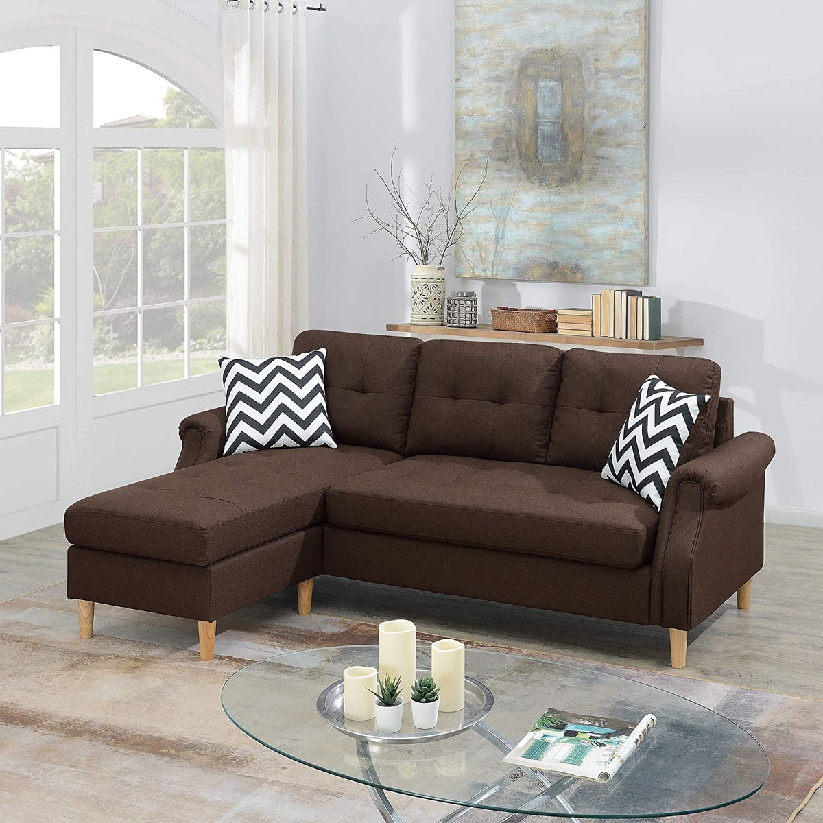 Tidyard Living Room Corner Sectional Sofa with Reversible Chaise, Dark Coffee Polyfiber Fabric, Tufted Back Cushions, Pillows Included, Rolled Armrests, Easy Assembly, 8? x 5?
