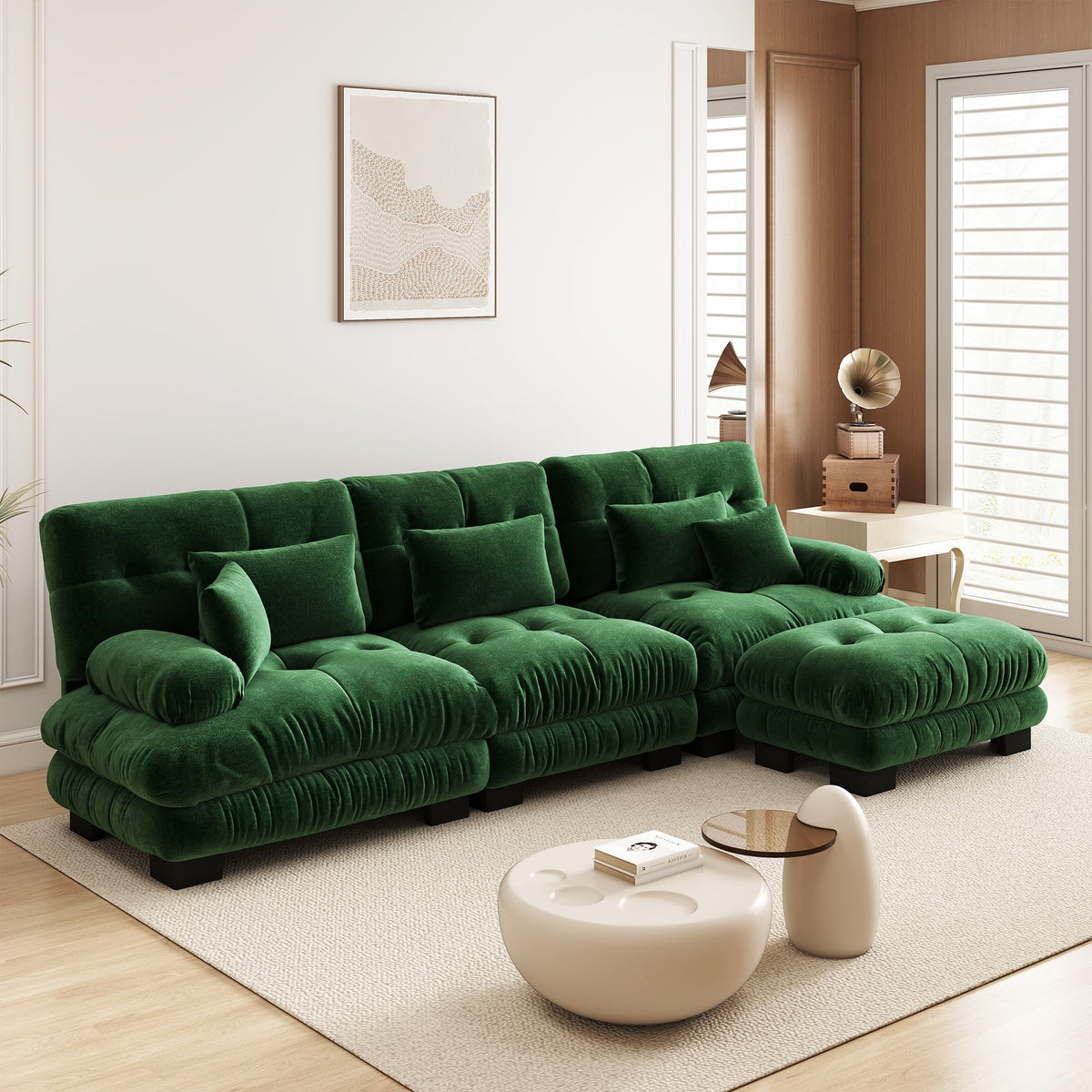 Velvet Modular Sectional Sofa,130" W Oversized U Shape Cloud Couch with 2 Ottomans,Free Combined 3 Seater Comfy Sofa with Bolster Armrest Pillows,Green for Living Room