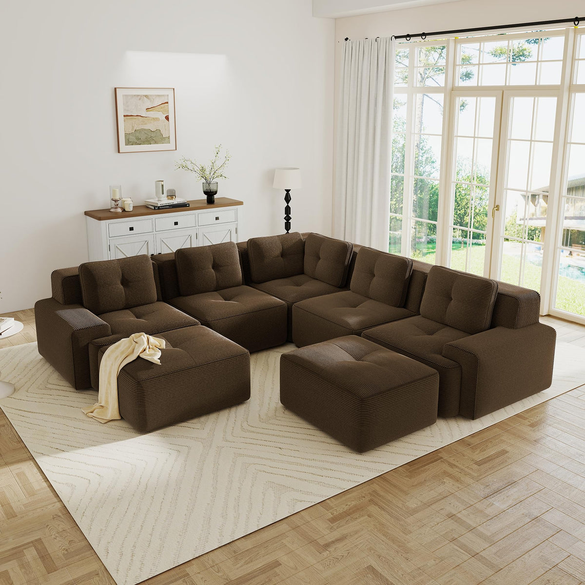 115.3” Camel Boneless Couches for Living Room, Modular Sectional Sofa with L-Shape Chaise, 3 Seater Comfy Upholstered Deep Seat Corduroy Fabric Cloud Couch No Assembly, Anti-Slip Design
