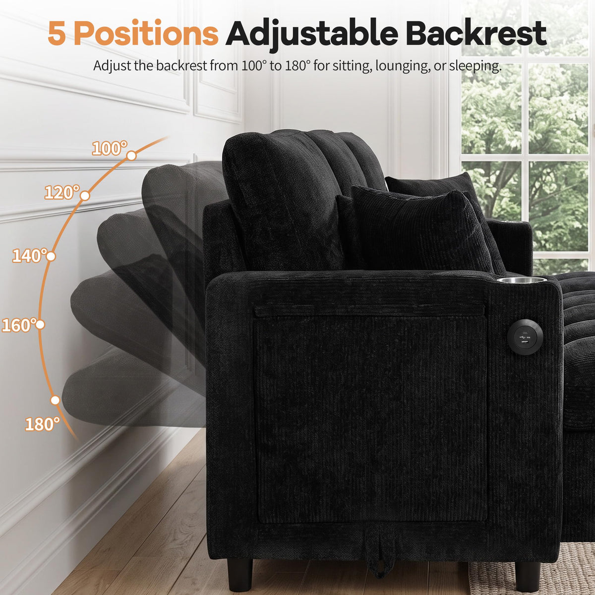 108”Pull Out Sofa Bed, U Shaped Sleeper Sofa for Living Room, Black