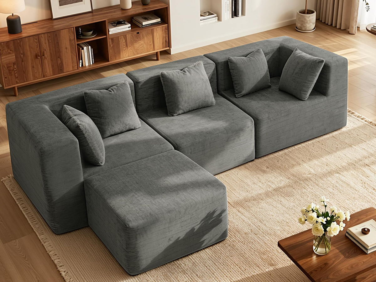 103" Three-Layer Sponge Boneless Couch sectional for Living Room Modular sectional Sofa High-Back 4-Seater L-Shape Couch with Ottoman Memory Foam Waterproof Chenille Black