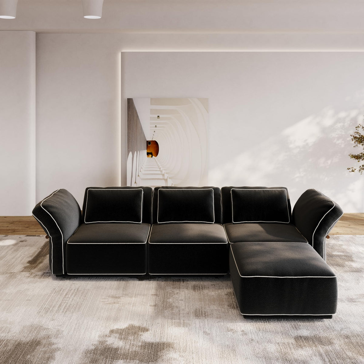 128'' Modular Sectional Sofa, 3 Seater Modern Comfy Boucle Cloud Couch, Oversized Comfy Deep Seat Couches for Living Room, Bedroom, Apartment, Black