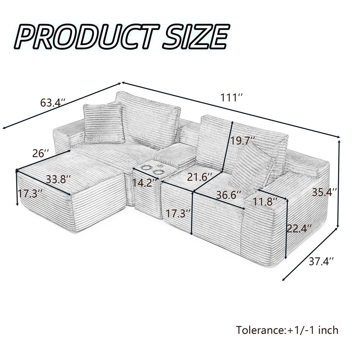 111" L Shape Boneless Couch with Cup Holders & USB Ports, 3 Seater Sectional Modular Couch with Storage Ottoman, Compressed Sofa Boneless Loveseat with for Living Room & Apartment, Jet Black