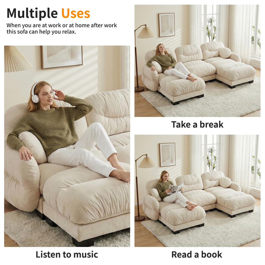 116" U Sectional Couches for Living Room, 3 Seater Modular Couch with 2 Ottoman, Cloud Sofa with Soft Chenille Fabric, High-Density Foam Cushion, Living Room Furniture, Beige