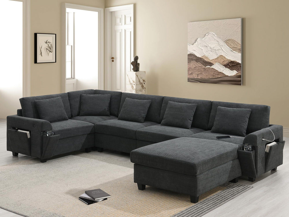 Tidyard 12? U Shaped Sectional Sofa with Ottoman, 6-Seater Chenille Couch Set, Hidden Storage, Cup Holders & USB Ports, Modern Living Room Sofa for Apartment, 2 Color Options
