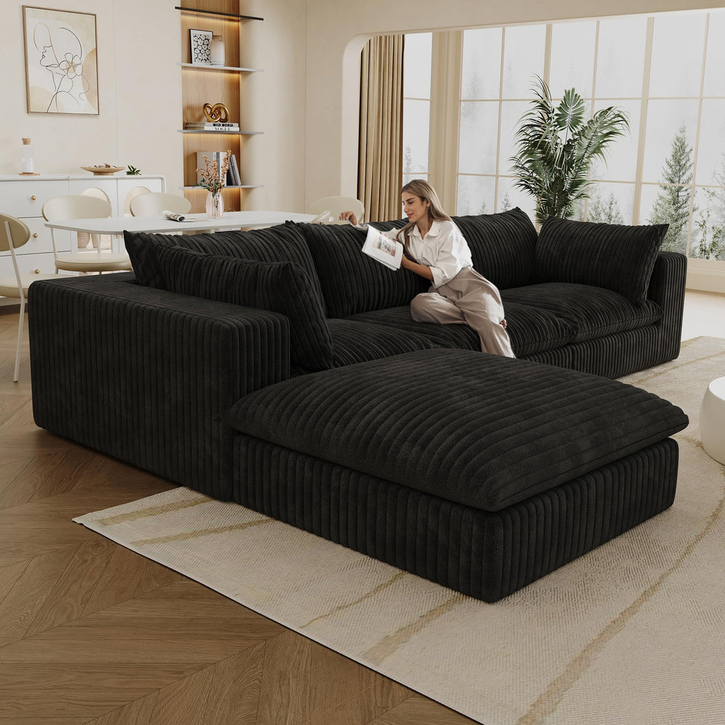118.2" Cloud Sofa,Corduroy Fabric,Deep Seat Couches,Double Layer Design,Removable Cushion,No Assembly, DIY Combination for Living Room, Bedroom,Conference Room,Apartment,Black