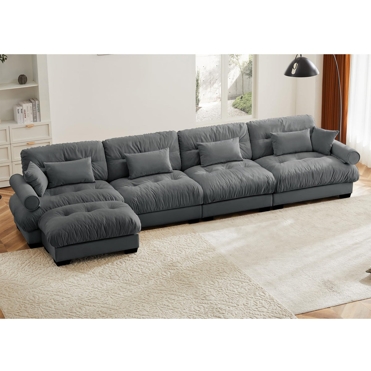 130" Cloud Couch, Oversized 3-Seater Couch with Ottomans and Pillows, Deep Seat L Shaped Sofa, Comfy Velvet Fluffy Sofas Modular Sectional Couches for Living Room (Blue, 3 Seat + 1 Ottoman)
