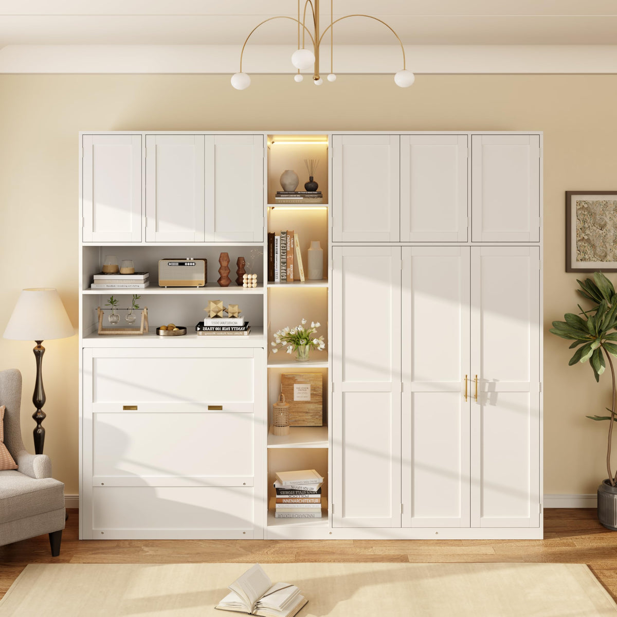 Twin Size Murphy Bed with Open Shelving, Sofa Front and Printed Panel