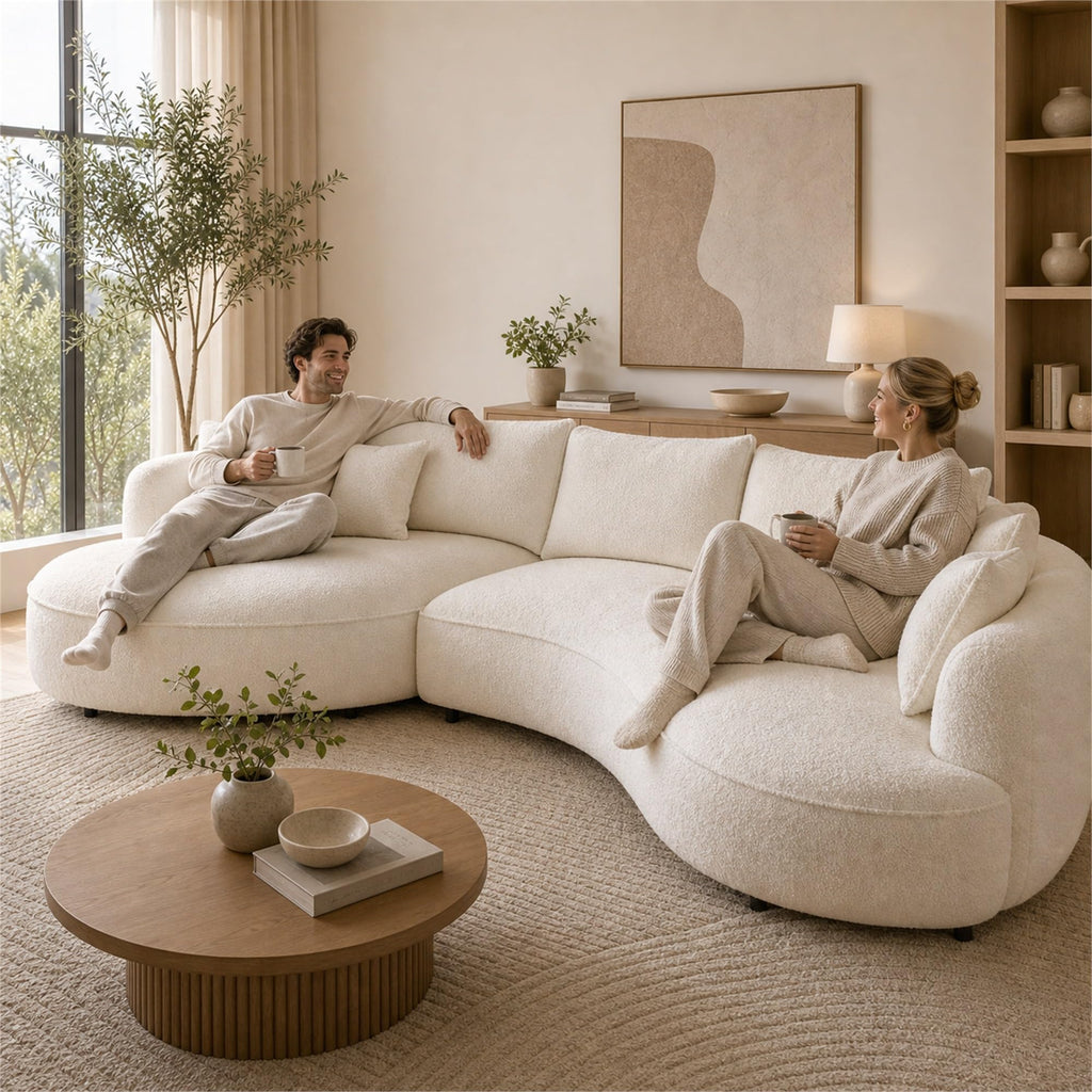 124.8" Beige Curved Boucle Sectional Sofa, 5 Seat Left Facing Chaise