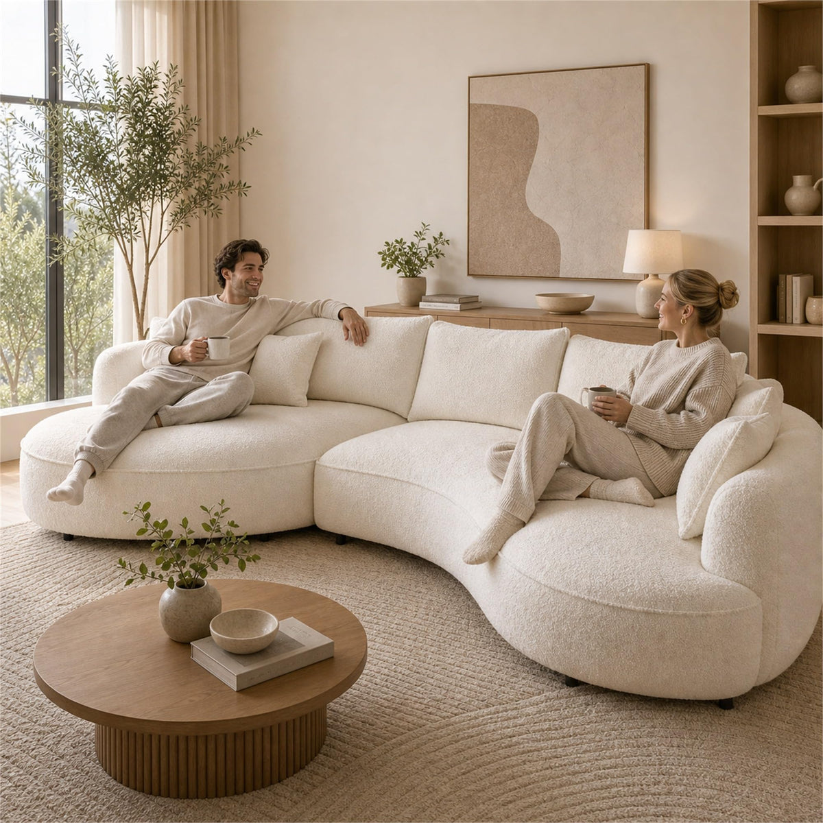 124.8" Beige Curved Boucle Sectional Sofa, 5 Seat Left Facing Chaise