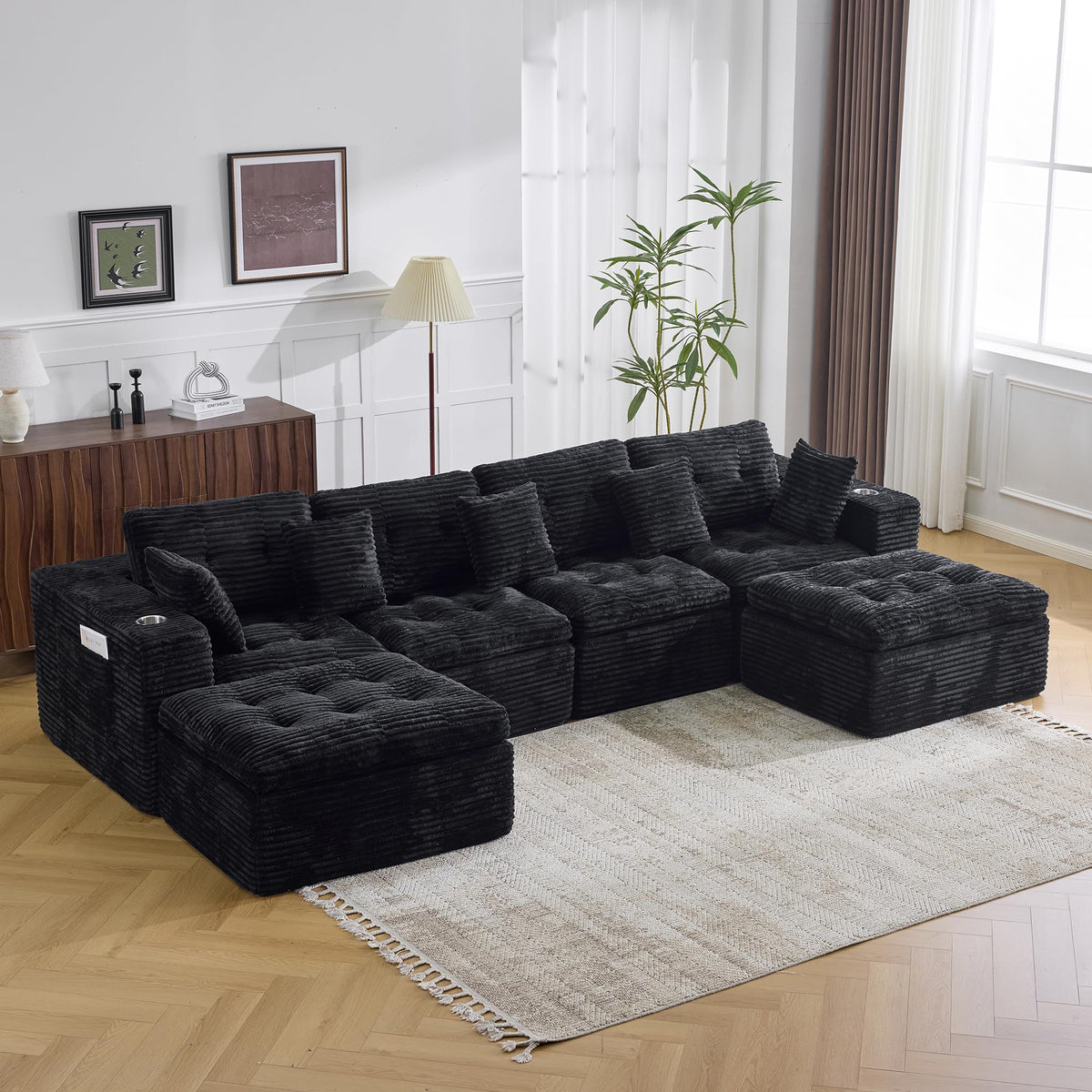 108.08" Boneless Sectional Couch, Modern U Shaped Modular Sectional Sofa Corduroy Upholstered for Living Room Oversized Deep Seat Cloud Couch with 2 Ottoman, No Assembly, Black