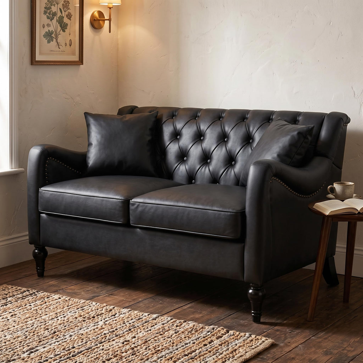 103" L-Shaped Chesterfield Sofa, Tufted PU Leather Sectional Couches for Living Room, 6-Seat Vintage Corner Couch, Black