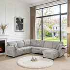 116" Modular Sectional Couch, U Shaped 7 Seater Sofa with Pull Out Bed, Chenille Cloud Upholstery, Ottoman, Folding Side Table, USB Charging Stations, Grey