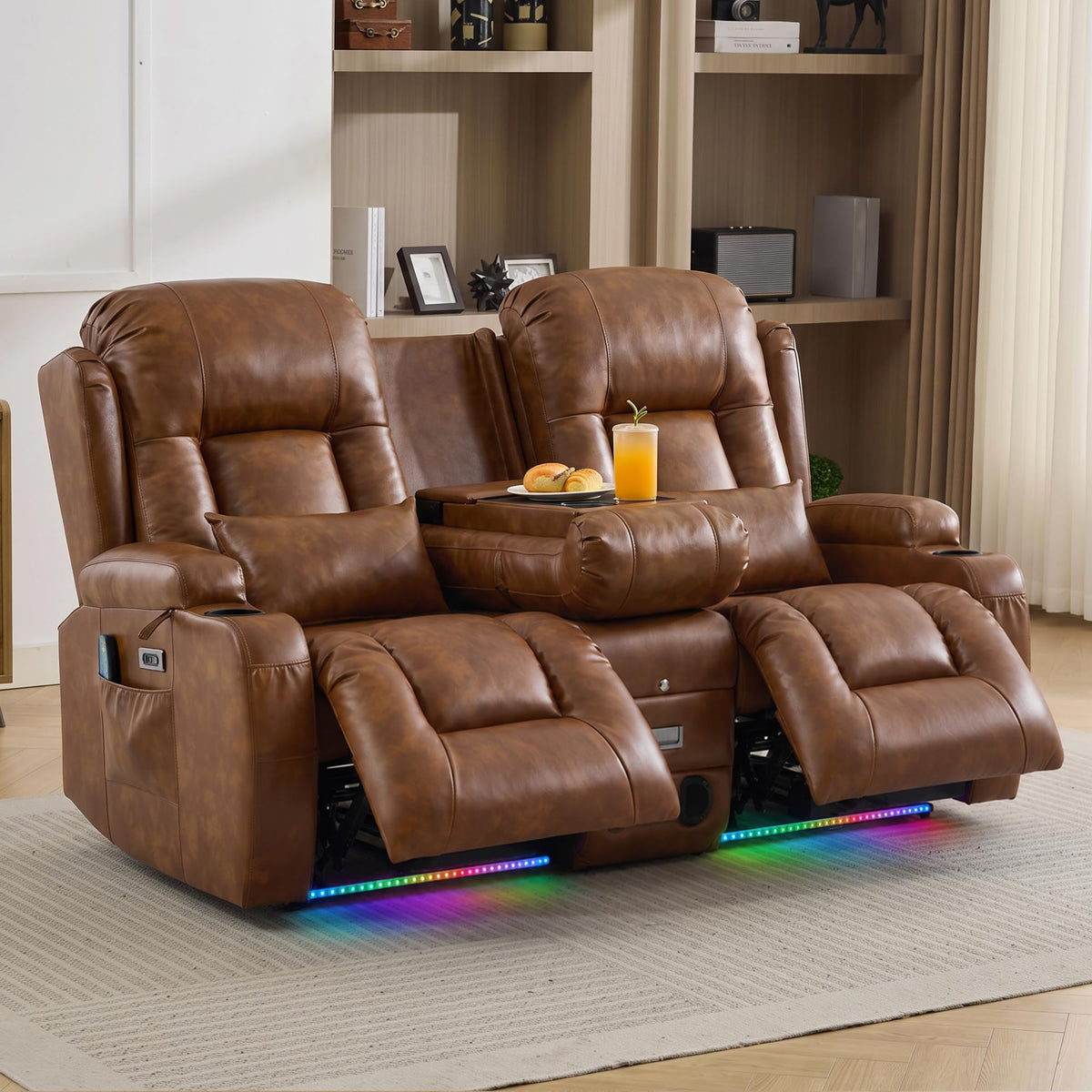 TUNYI Wall Hugger Loveseat Recliner Sofa with Console, Power Reclining Loveseat RV Couch with Massage & Heat/USB/Outlet/Storage/LED Light/Speaker (Blue, 2 Seat with Console)
