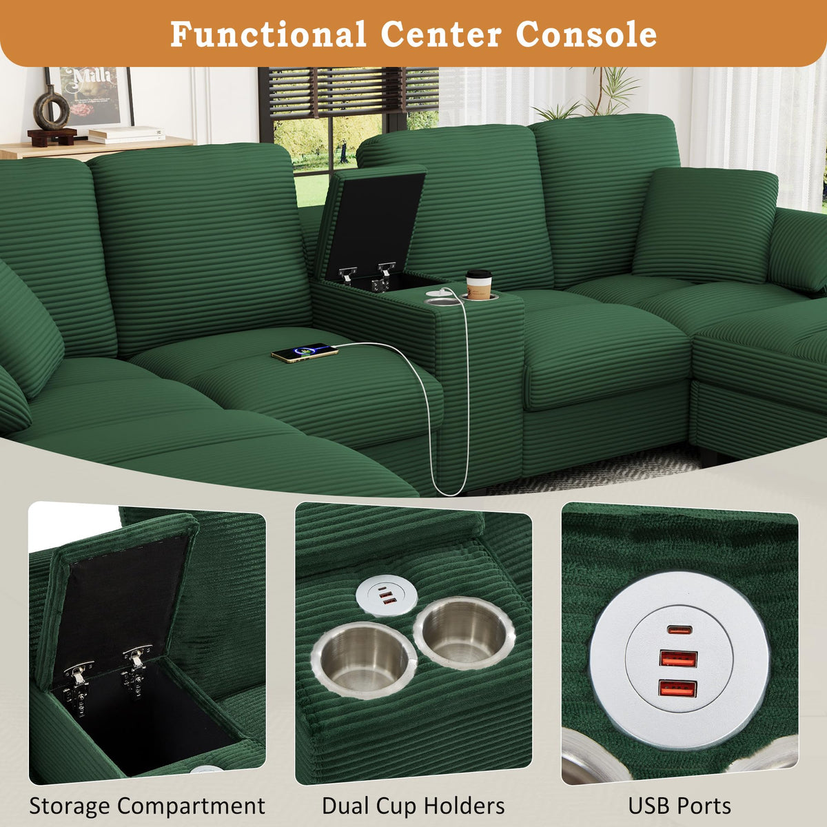 U Shaped Sofa 116.9" Sectional Sofa Corduroy Upholstered Sofa Couch with Storage Ottomans, Cup Holders and USB Ports for Living Room, Green