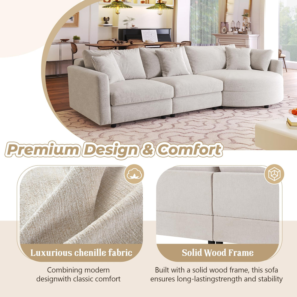 105" Chenille Fabric 3 Sectional Sofa with Curved Chaise and 3 Throw Pillows Perfect for Living Rooms, Offices, and Apartments