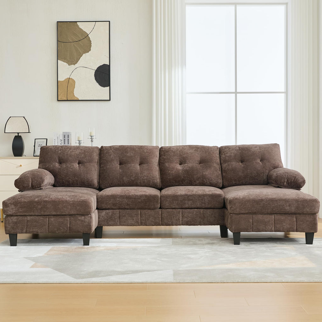 U Shaped Sectional Sofa 103.5" Chenille Fabric Couch with Dual Chaise Lounges, Storage Pockets and Armrest Pillows for Living Room, Brown