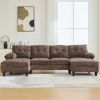 U Shaped Sectional Sofa 103.5" Chenille Fabric Couch with Dual Chaise Lounges, Storage Pockets and Armrest Pillows for Living Room, Brown