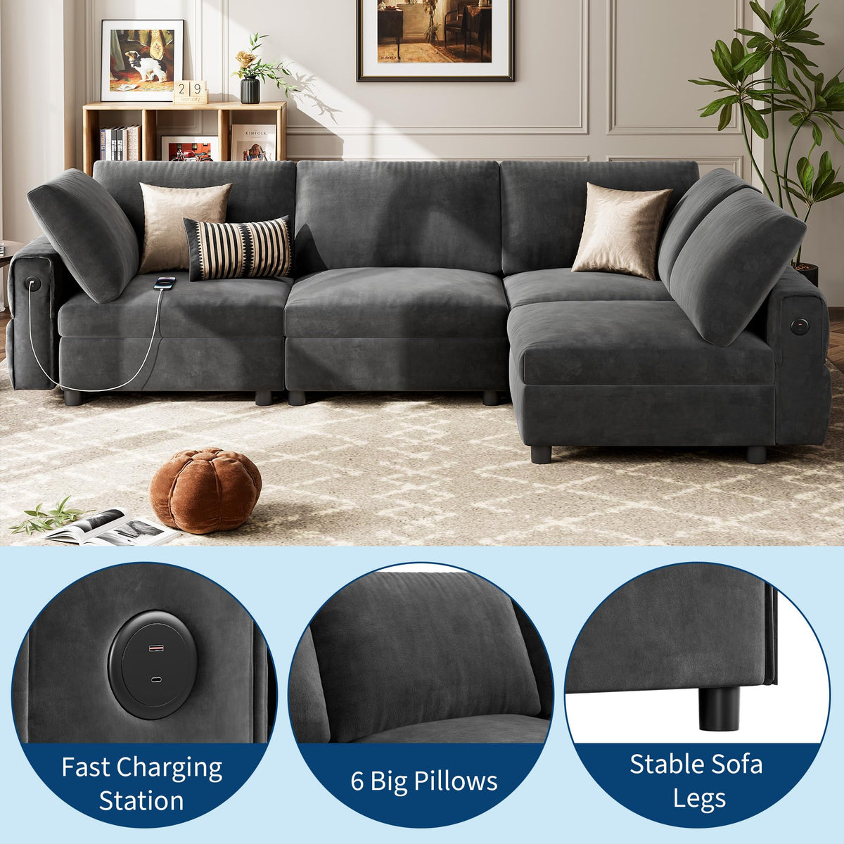 106" L-Shaped Modern Sofa Modular Sectional Cloud Couch with Charging Station, Convertible Sectional Sofa Sleeper Bed with USB/Type-C Port, Removble Chaise Sofa for Living Room, Apartment, Grey Velvet