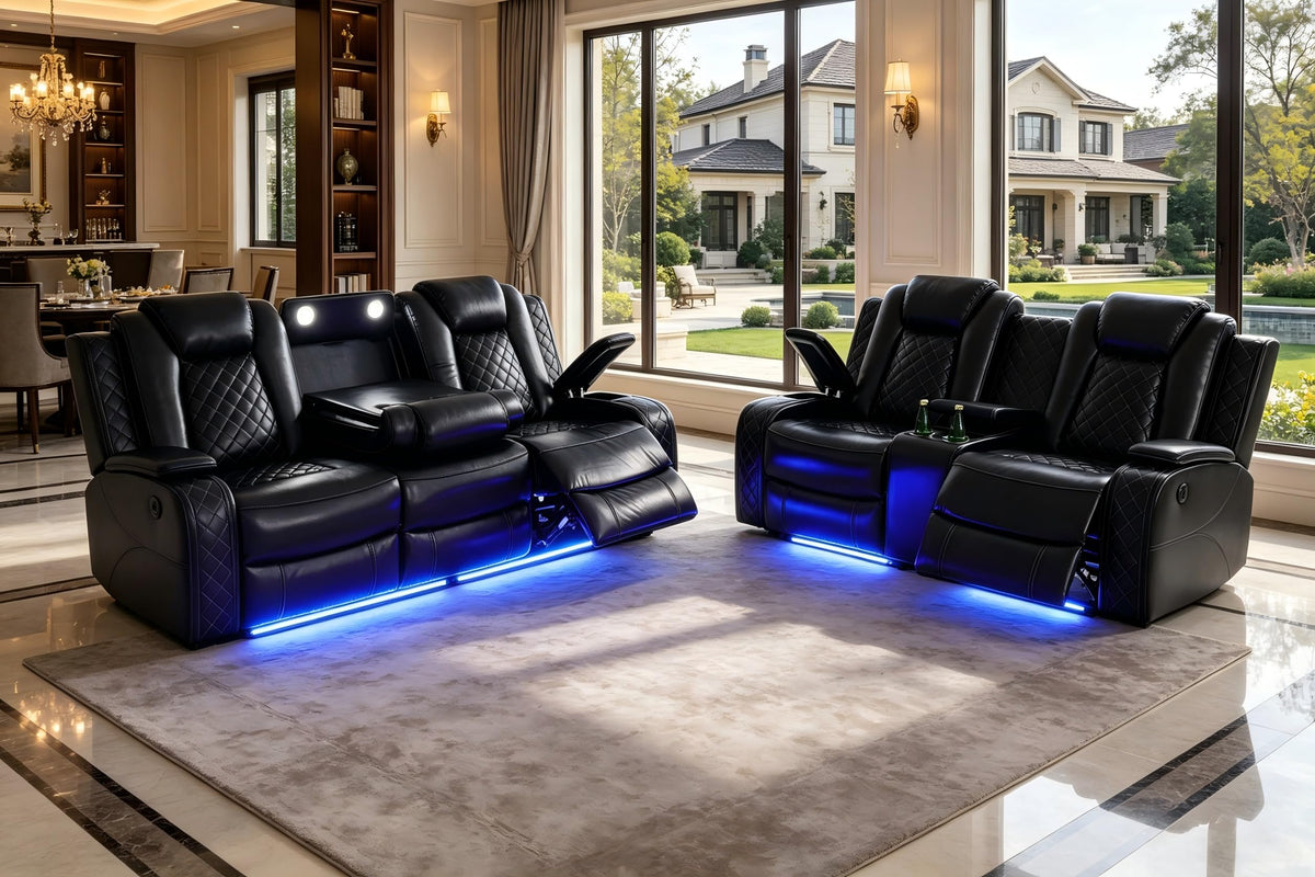 A Ainehome Power Leather Recliner Sofa Set with LED Lights, Recliner Sofa Sectional Couches for Living Room, Reclining Sofa, loveseat, Chair with USB Port/Storage Console/Cup Holder(black,3-piece set)