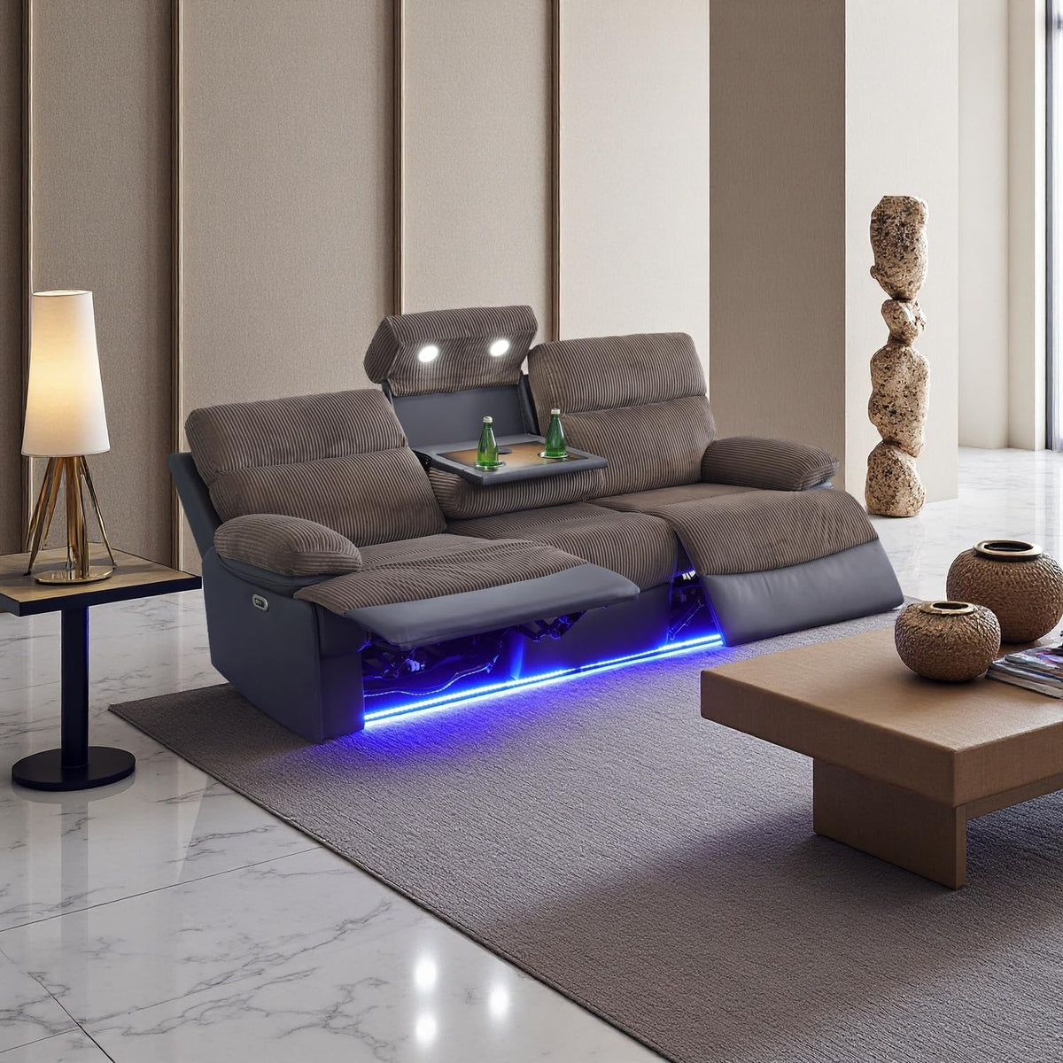 A Ainehome Power Leather Recliner Sofa Set with LED Lights, Recliner Sofa Sectional Couches for Living Room, Reclining Sofa, loveseat, Chair with USB Port/Storage Console/Cup Holder(black,3-piece set)