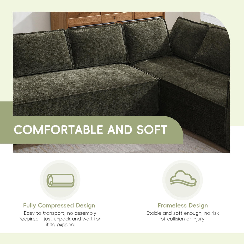 130" Ultra-Thick Chenille Modern Minimalist Style Modular Sectional Couch, Convertible Modular Cloud Sleeper Sofa, Modern Boneless Compressed Floor Sectional Sofa for Living Room, Green