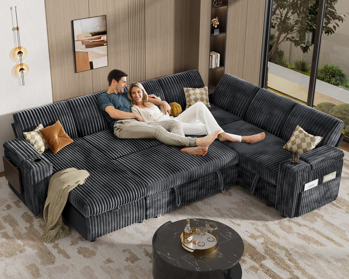 Vipbear 110" Modular Sectional Sleeper Sofa with Pull Out Bed, 7 Seat Plush Corduroy L Shaped Couch with Reclining Backrest|USB|Cupholders|Side Table|Storage Chaise Armrests, Tool Free Assembly, Grey