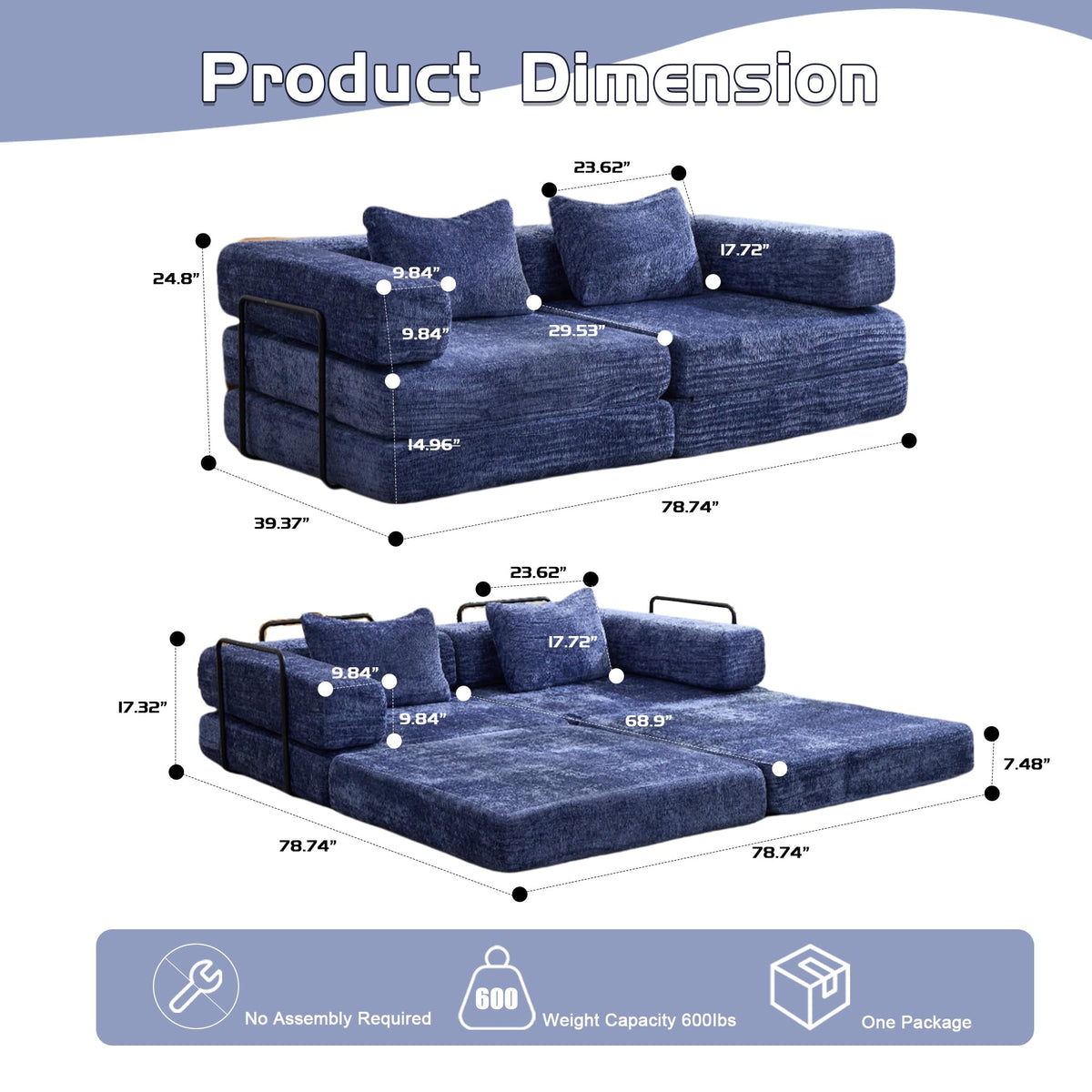 Tidyard Compression Sofa Bed, Convertible Floor Sofa with Fixed Frame, No Assembly Needed, Chenille Fabric Modular Loveseat, Dark Blue for Living Room & Bedroom