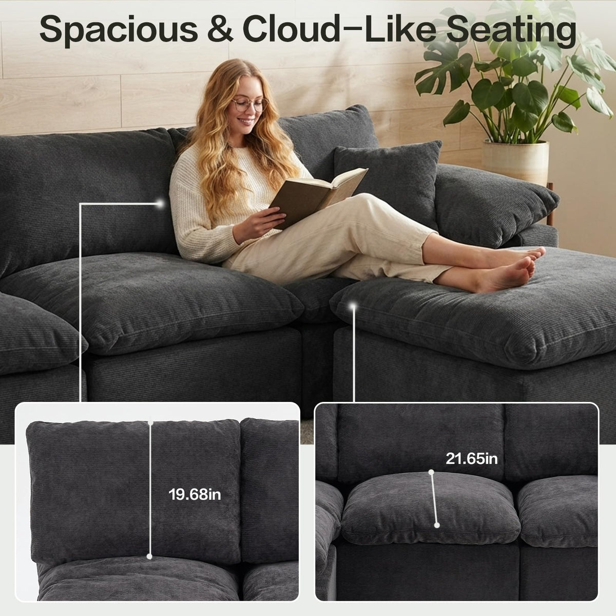 130" Oversized Boneless Sofa, Movable Ottoman, Chenille, No Assembly, Black