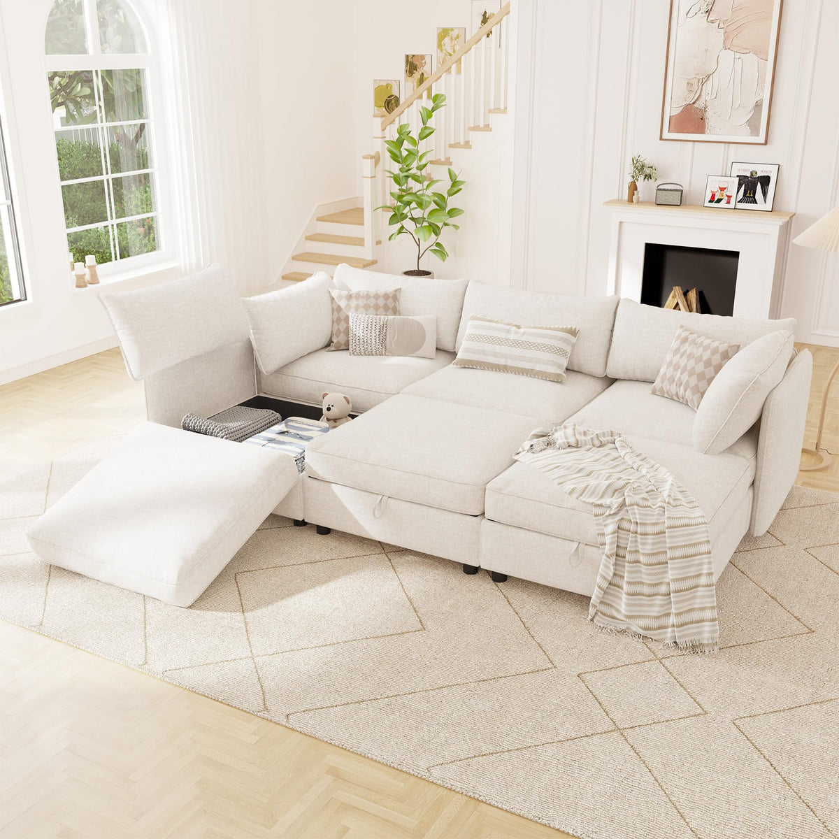 125" Chenille Modular Sectional Sofa Bed Hidden Storage, Convertible L U Shaped Sleeper Couch, 8 Seat Modern Modular Sectional Sofa with Removable Covers & Ottoman Chaise, for Living Room, Beige