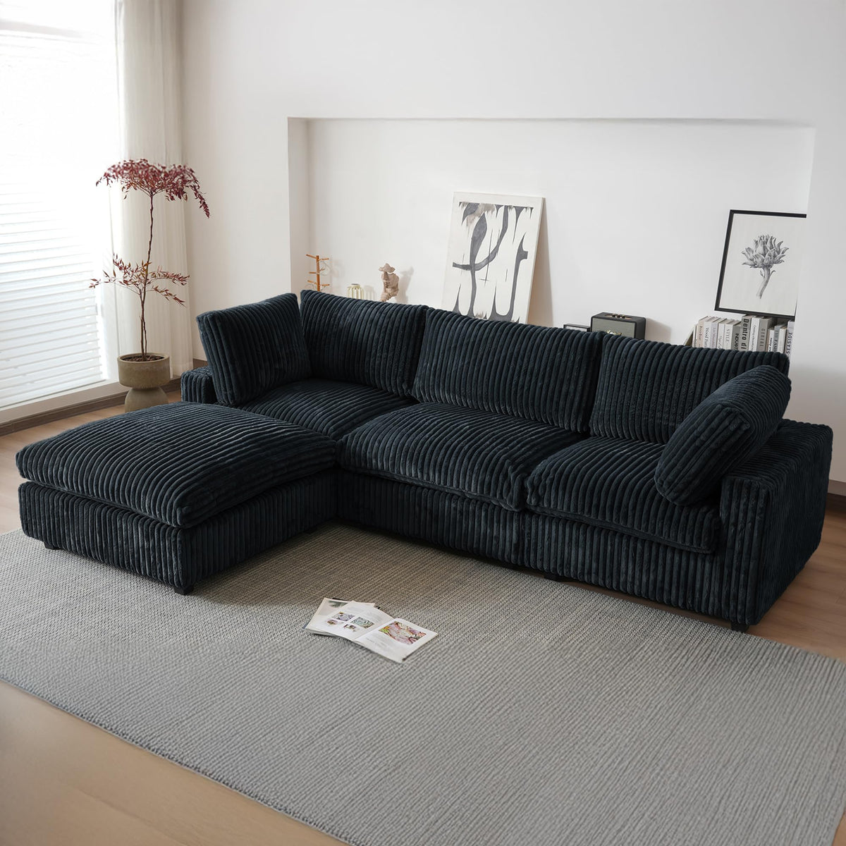WJShome Cloud Couch Modular Sectional Sofa,118" Oversized V Shaped Sofa with Storage Ottoman for Living Room,Plush 6 Seater Convertible Sectional Couch,Covers Washable&Replaceable,Black