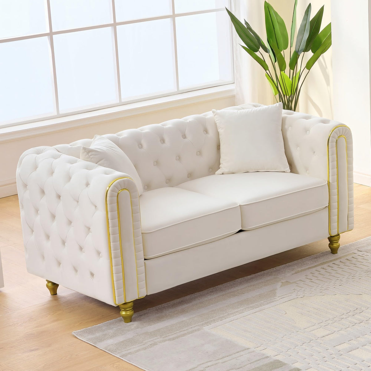 Velvet Chesterfield Sofa Set of 2, Mid Century Modern Deep Seat Loveseat + 3 Seater Couch with Golden Legs and Button Tufted, Upholstered Comfy Sofa with 2 Pillows for Living Room, Black Gold