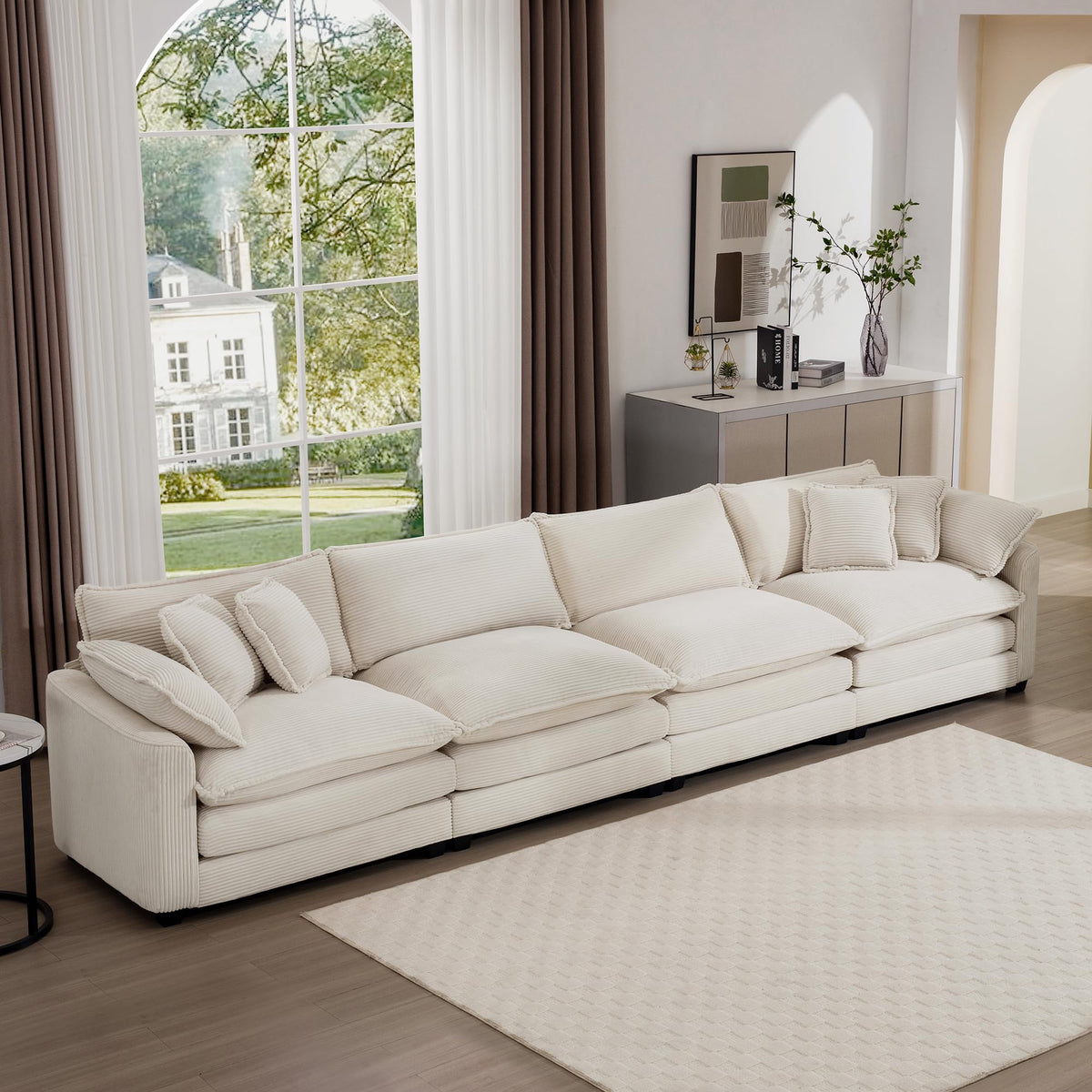 Upholstered 4 Seater Fabric Sofa with Comfortable Back Cushions, Seat Cushions and Pillows, Light Beige Corduroy Sofa, TM388