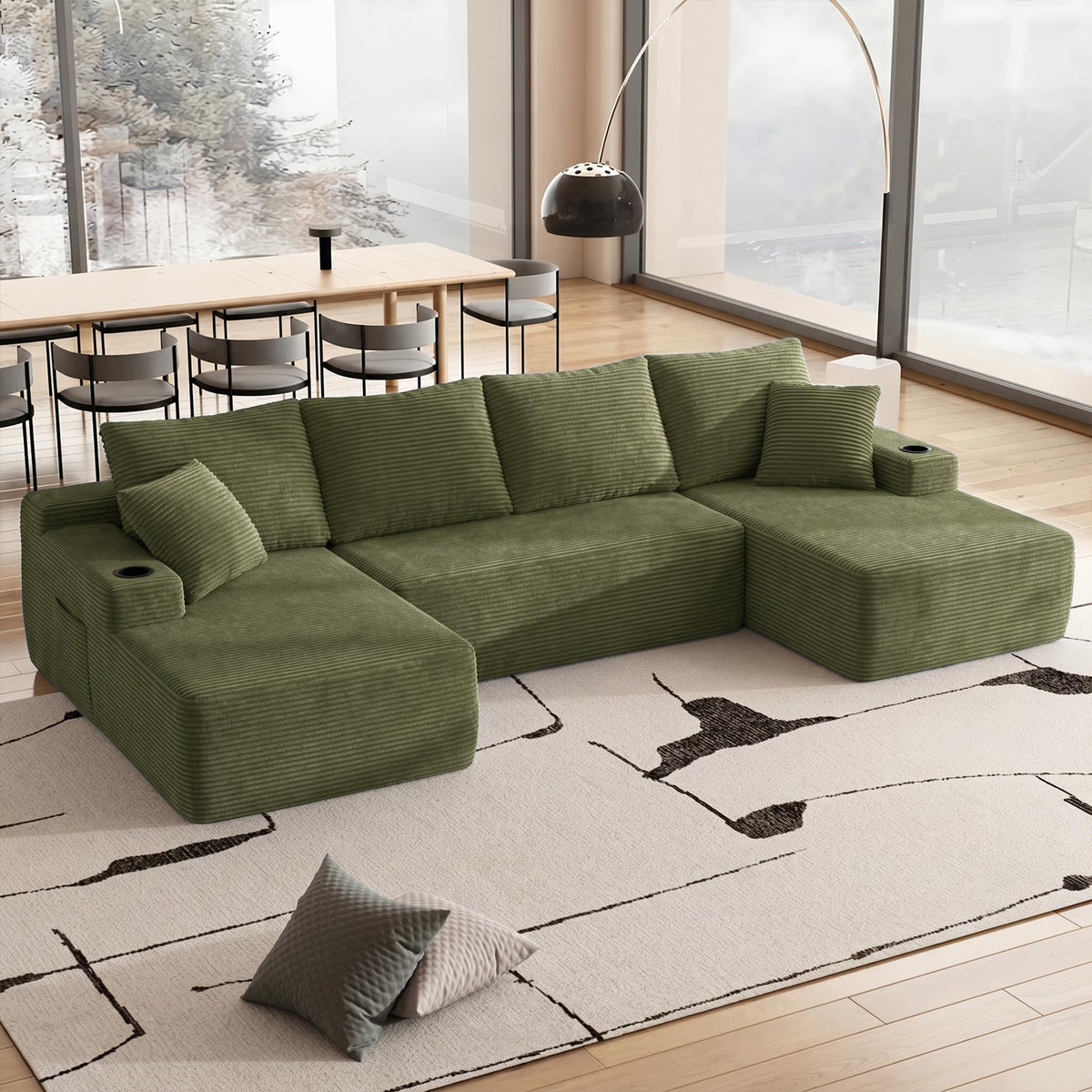 126" U Shaped Boneless Modular Cloud Couch with Double Chaise, Green