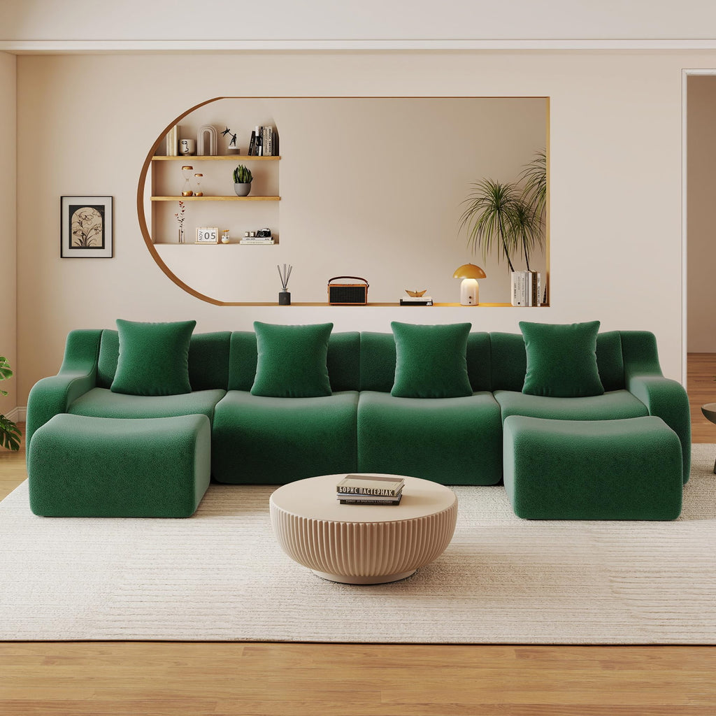 115.3" Modular Sectional Couches for Living Room, Teddy Deep Seat Sofa, 3 Seater Boneless Couch with 2 Ottoman,Orange